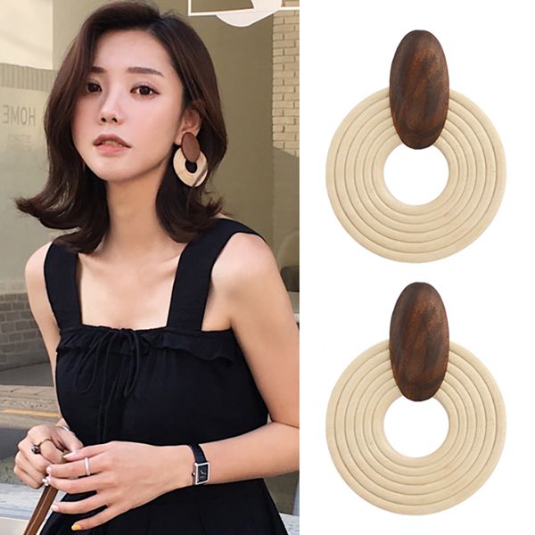 

aensoa korea handmade big round pendant drop earrings for women 2019 wooden african ethnic statement earrings party jewelry gift, Golden;silver