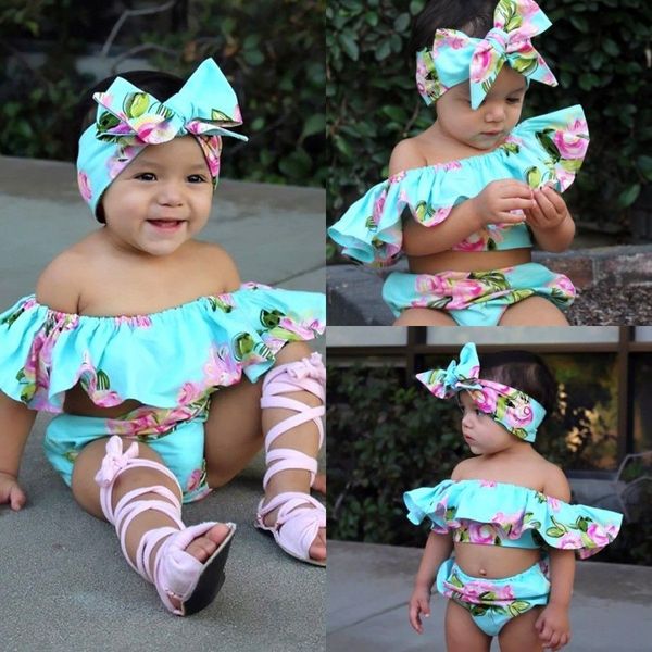 

3шт летняя девочка одежда с открытыми плечами цветочные рябить ползунки шорты оголовье солнцезащитный костюм наряды комплект одежды, White