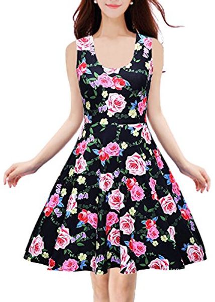 

omeya wl women's casual flare floral contrast evening party sleeveless mini dress, Black;gray