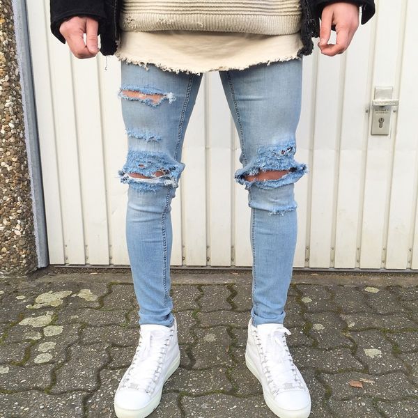 

men's jeans vintage blue skinny streetwear destroyed ripped jeans 2019 men casual hip hop keen hole