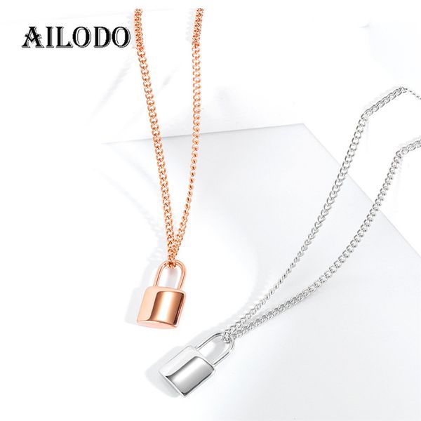 

ailodo stainless steel lock necklace for women men rose gold silver color long chain padlock pendant necklace fashion jewelry