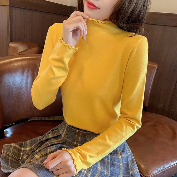 

autumn simple t shirt women winter solid color tshirt slim long-sleeved turtleneck t-shirt loose bottom t-shirt, White