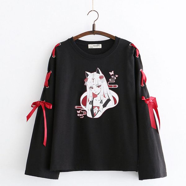 Venda Por Atacado Verão Mulheres Anime Fox Impresso Cruz Fita Mulheres T-shirt de Meninas Harajuku Primavera Preto Algodão Top Saia Hoodies