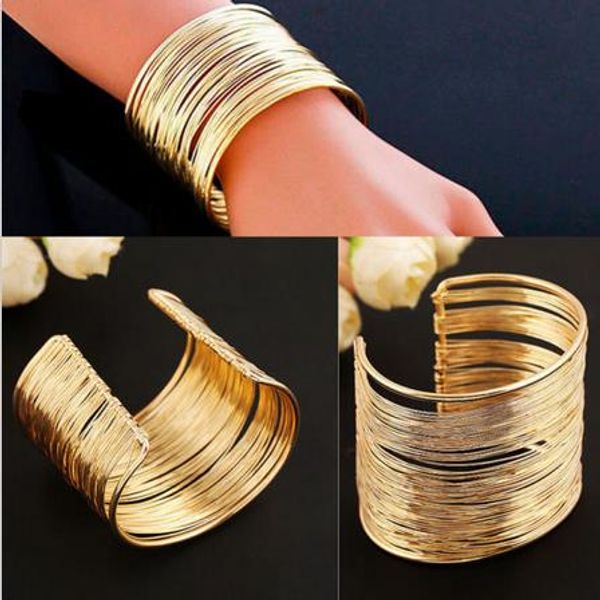 

punk gold/silver plated glittering wrap bracelet multilayer strings bracelet zinc alloy wire opening cuff bangle for women, Golden;silver