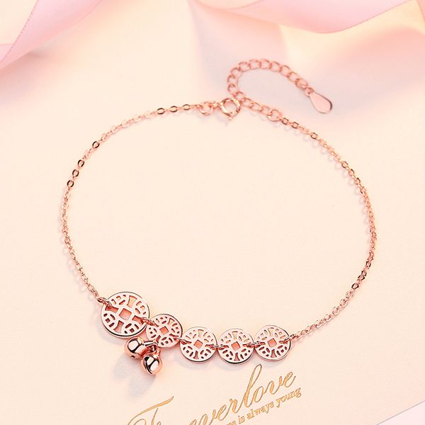 

s925 yin jiao lian womens korean version of net red mori-style rose golden bell antiquity-anklet temperament simple silver jewelry, Red;blue