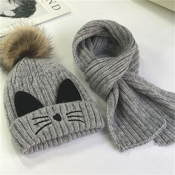 

children's hat collar autumn winter fur ball cat wool cap 2-6 years old baby korean cute ear warm beanie scarf two-piece set