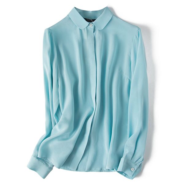 

basic blouse women long sleeve 100% natural silk cardigan solid office lady women shirts sky blue white
