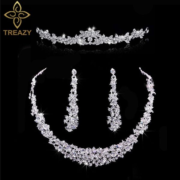 Venda Por Atacado moda cor prata cristal noiva 3 pcs conjunto floral colar brincos headband tiara casamento nupcial conjuntos de jóias para mulheres