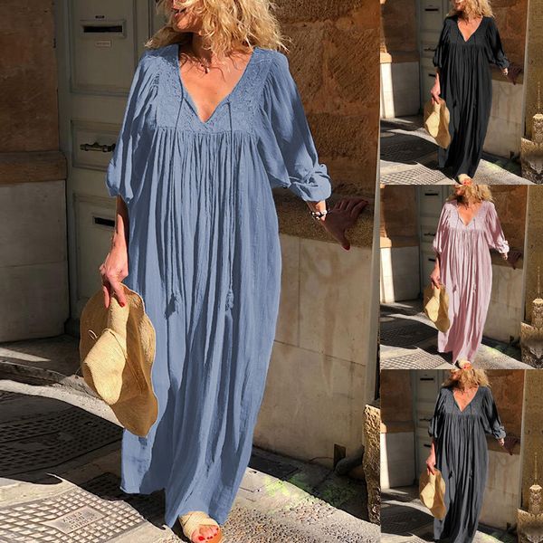 

bohemian lace stiching maxi dress women's summer sundress zanzea 2019 casual v neck long vestidos plus size pleated robe, Black;gray