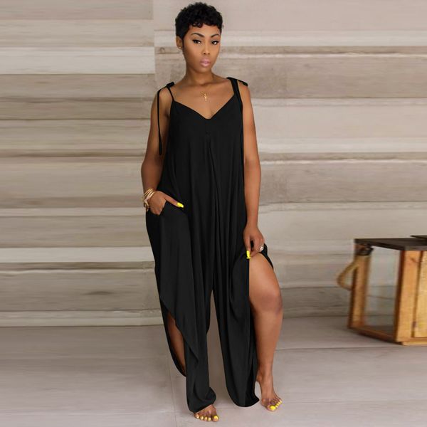 

solid fashion plus size jumpsuits romper one piece casual overalls for women sleeveless outerwear, Black;white