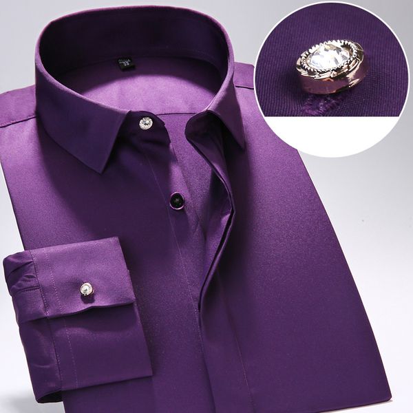 

2019 new design turndown collar long sleeve with diamond button elastic regular fit business men dress shirts fashion male, White;black