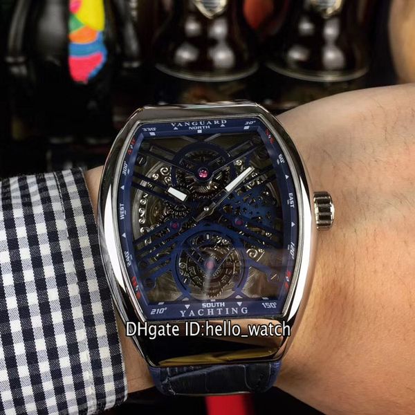 

new vanguard saratoge v 45 t sqt br blue skeleton dial automatic mens watch steel case leather strap gents sport watches hello_watch, Slivery;brown
