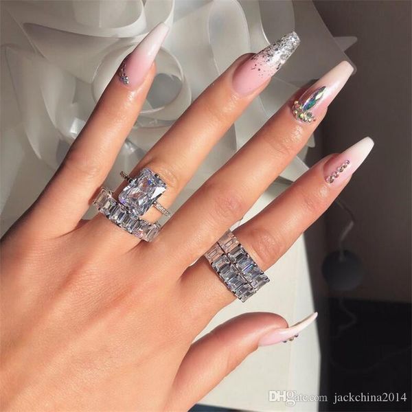 

selling luxury jewelry couple rings 925 sterling silver princess cut white z cz diamond women wedding bridal ring set for lover gift, Slivery;golden