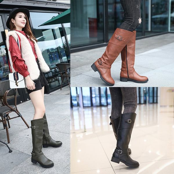 

ladies long buckle zip party motorcylce boots shoes women's plus size pu leather riding boots shoes plus size 35-43, Black