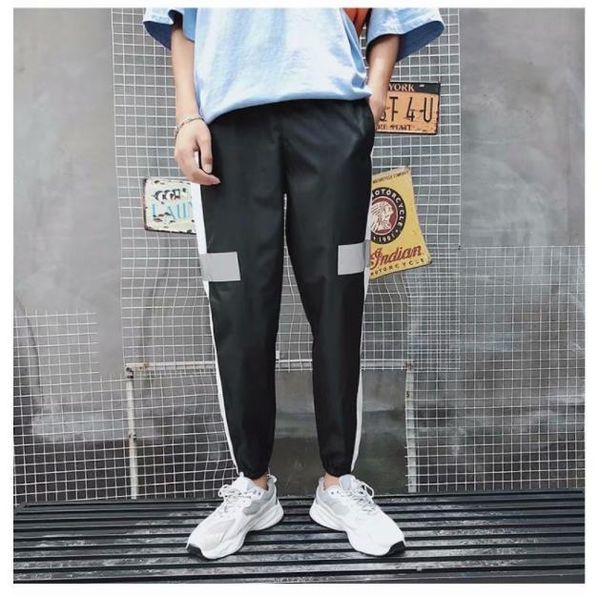 

mens casual designer pencil pants 3m reflective stripe print fashion style homme clothing pocket casual apparel, Black