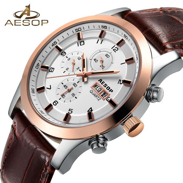 

aesop man sport watch men sapphire crystal men's quartz wrist wristwatch week leather male clock waterproof relogio masculino, Slivery;brown