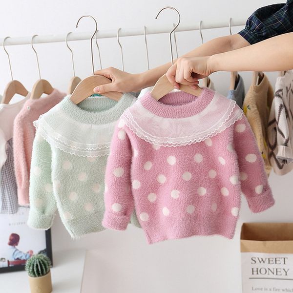 

2019 autumn winter girls kids baby infants bow knitwear kint lace dot polka long sleeve princess sweater outwear s9510, Blue