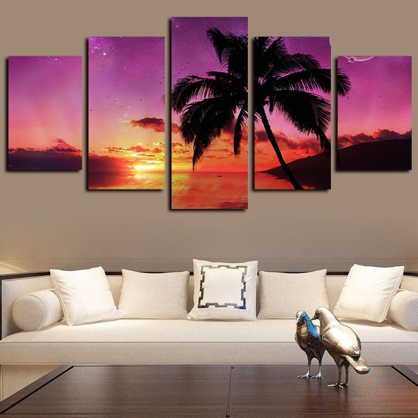 

5 panels canvas wall art martinique sunset palm tree seascape pictures paintings giclee prints on canvas oil paintngs artwork