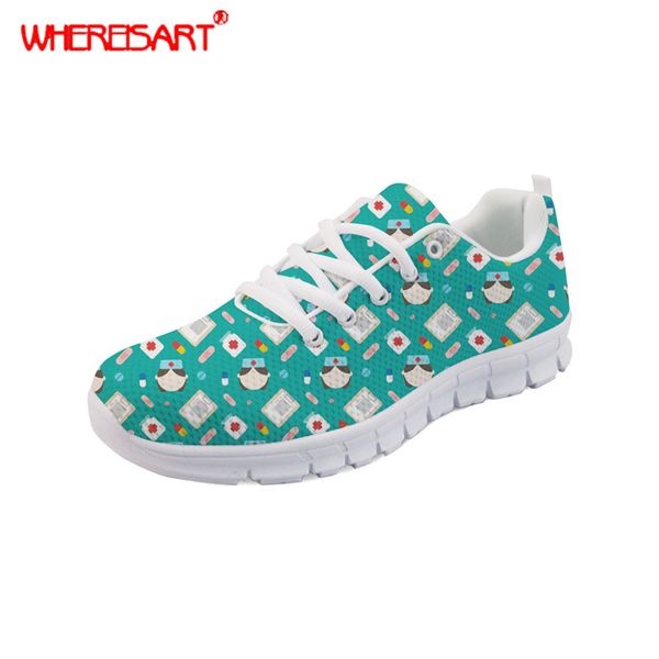 

whereisart women nurse shoes for teenagers nurse surgeon pattern sneakers ladies lace-up flat shoes females mesh flats zapatos, Black