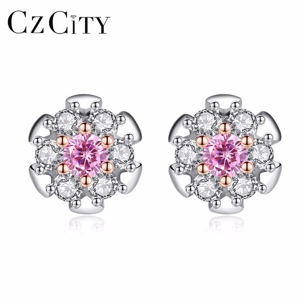 

czcity real 925 sterling silver pink zircon stud flower earrings for women girls sterling-silver-jewelry white & gold plated, Golden;silver