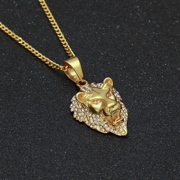 

мужчины хип-хоп львиная голова кулон из нержавеющей стали обледенелый горный хрусталь животных кулон ожерелье цепь мода панк ювелирные издел, Silver