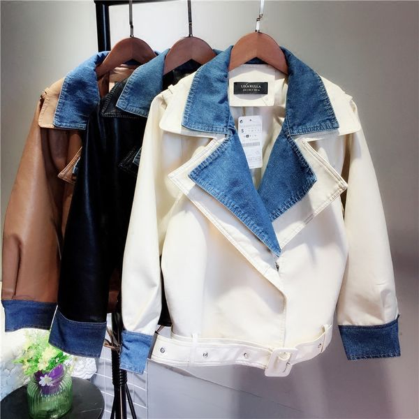 

handsome denim stitching leather jacket women loose large size motorcycle short coat spring and autumn new pu leather jackets, Black
