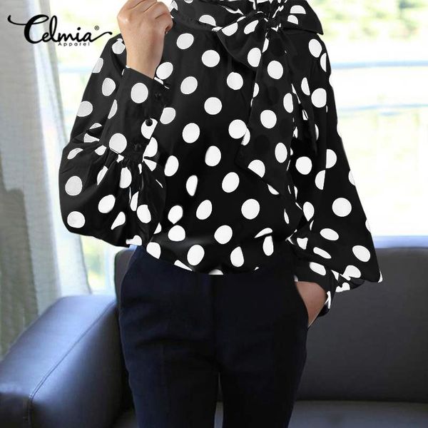 

women's blouses & shirts fashion women and celmia satin lantern sleeve polka dot elegant shirt casual bow stand collar loose blouse, White