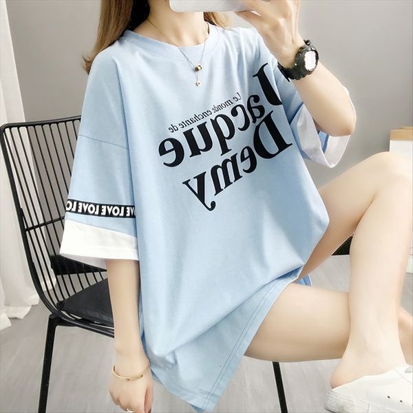 

stitching jacket cotton t-shirt contrast color fashionable short sleeve pure cotton t-shirt women's academic style 2020 new, White