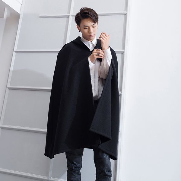 

m-4xl woolen coat male british wind long section korean version of the loose hooded wizard hat cape cloak shawl versatile coat, Black