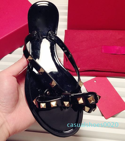 

new summer women flip flops slippers flat sandals bow rivet fashion pvc crystal beach shoes size35-41 c20, Black