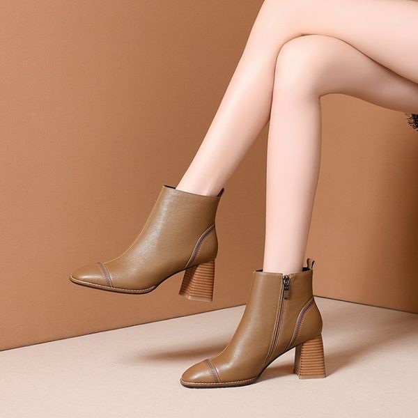 

mljuese 2020 women ankle boots cow leather winter short plush zippers square toe high heels boots women size 34-41, Black