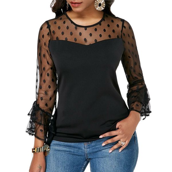 

women dot print blouse summer fashion mesh lace patchwork casual pullover new 2019 flared long sleeve elegant female, White