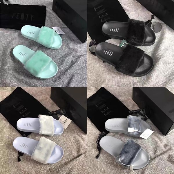 

summer women fox fur slippers real fur slides female indoor flip flops casual raccon fur sandals furry ffy plush shoes k750g#680, Black