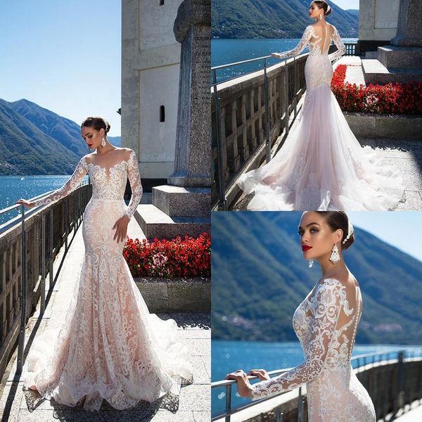 

vintage sheer neck lace mermaid wedding dresses 2019 milla nova long sleeves button back tulle appliques beach wedding bridal gowns, White