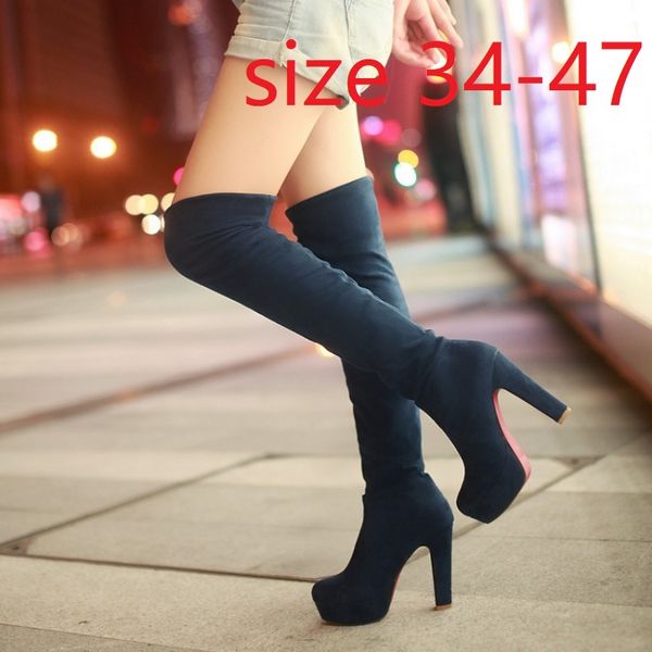 

women high heels slip on over the knee long boots female platform ankle patchwork flock two ways wear plus size 34-47, Black