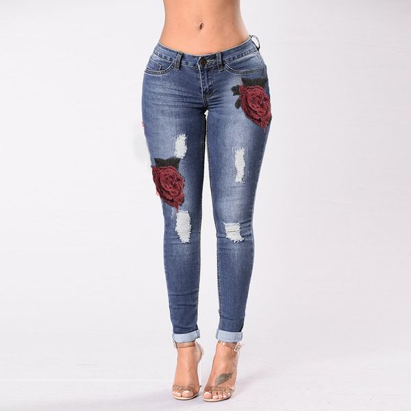 

summer womens fashion casual hole embroidery full length jeans skinny jeans women casual trousers stretch ripped, Blue