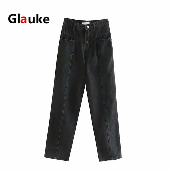 

glauke jeans women black denim pants mujer straight jeans autumn spring 2020 denim fashion with belt streetwear, Blue