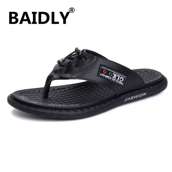 

new style summer men slippers genuine leather flip flops anti-slip beach shoes soft-soled casual genuine leather retro slippers, Black