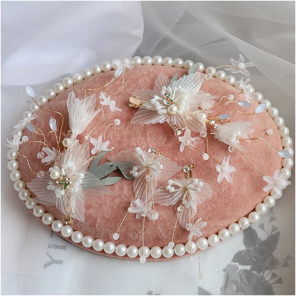 

bride's headdress series crepe flowers side barrettes head flower earrings princess performance wedding hair accessories, White;golden