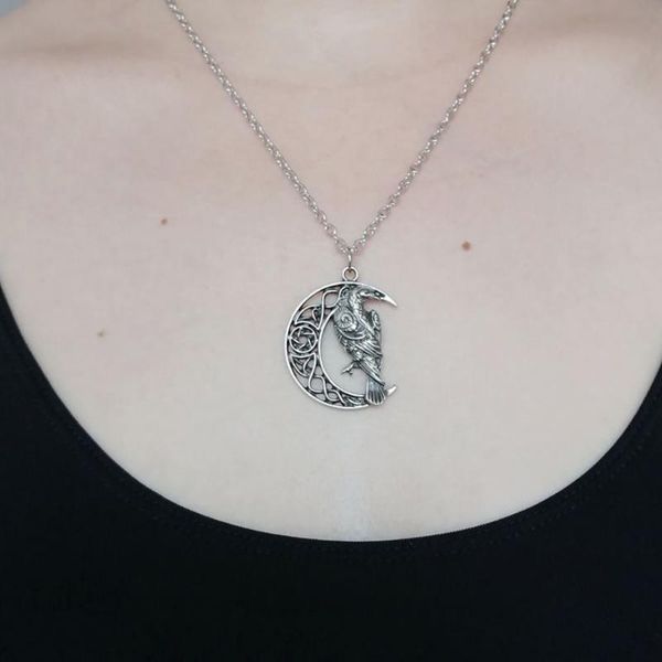 

beautiful celtics moon with raven necklace father day gift, Silver