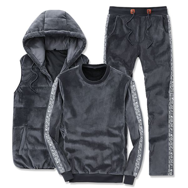

plus size -4xl gold velvet 3 piece set sportswear men suit set side letters stripes men sports suit hooded vest tracksuit pants, Gray