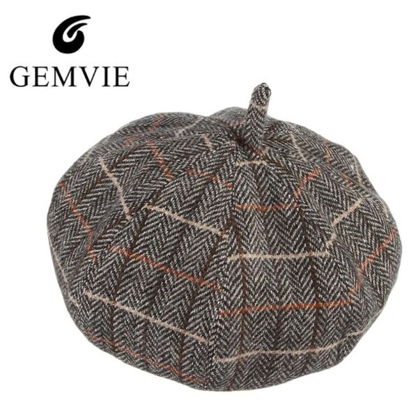 

autumn winter women classical plaid beret cap lady fashion artist hat female fashion all-match cotton octagonal cap headwear, Blue;gray