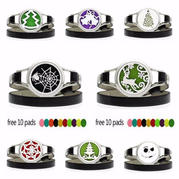 

christmas deer 30mm watch diffuser locket wrap bracelet pu leather band stainless steel perfume locket 10pcs pads, Golden;silver