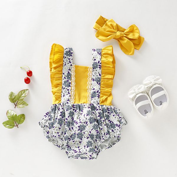 

newborn baby romper set kids leisure girls ruffle jumpsuit infant baby girl summer little floral lace jumpsuit with bow-tie headband 06, Blue