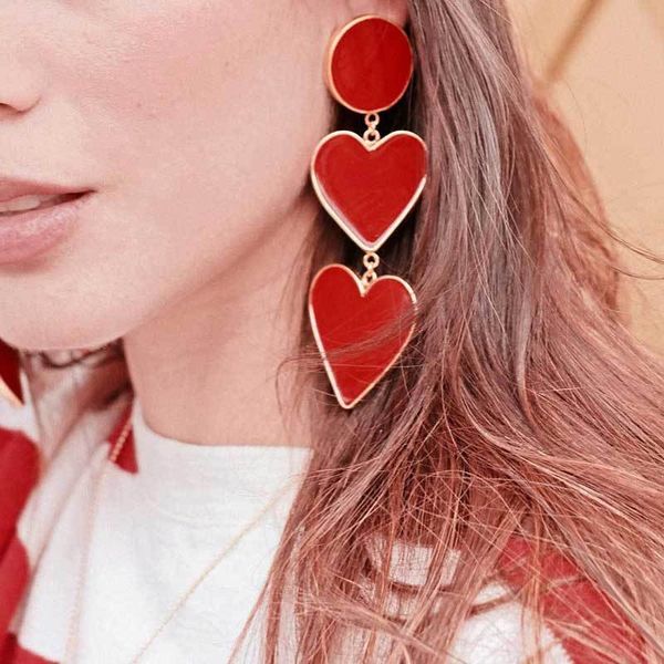 

2019 new bohemian enamel circle love heart long dangle earrings for women exaggerated big red statement earrings for party, Silver