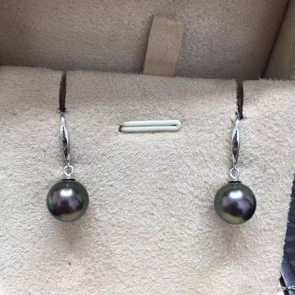 

pair of stunning 10-11mm south sea black greenpearl earring 925s, Golden;silver