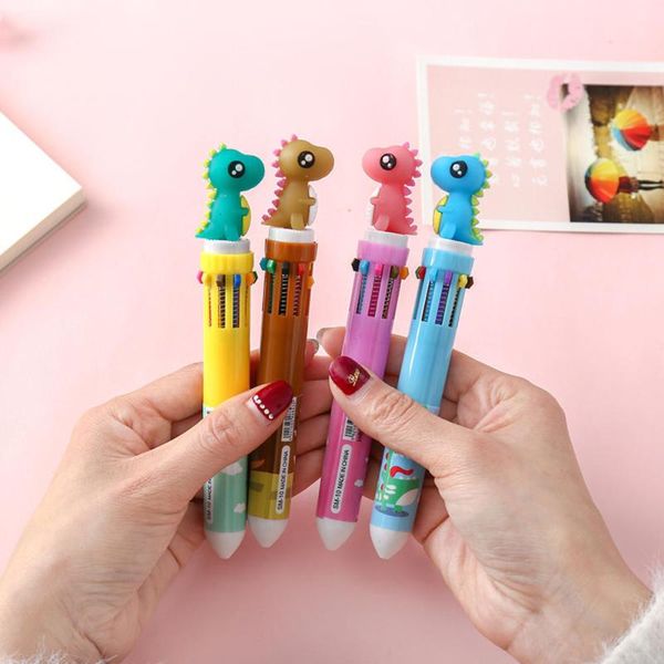 

1pcs korean cartoon stationery cute dinosaur multi-function 10 color ballpoint pen student stationery office supplies gifts, Blue;orange