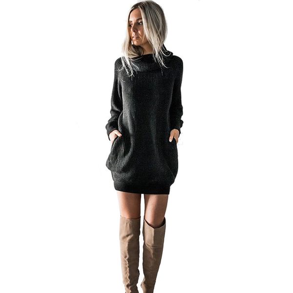 

new arrival womens knitted dress roll neck jumper dress ladies mini size winter warm knitted dress, Black;gray
