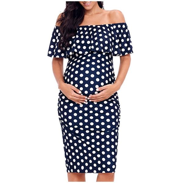 

fashion women maternity clothes ruffle off shoulder dot print pregnancy dresses polka dot casual backless maternity dresses, White