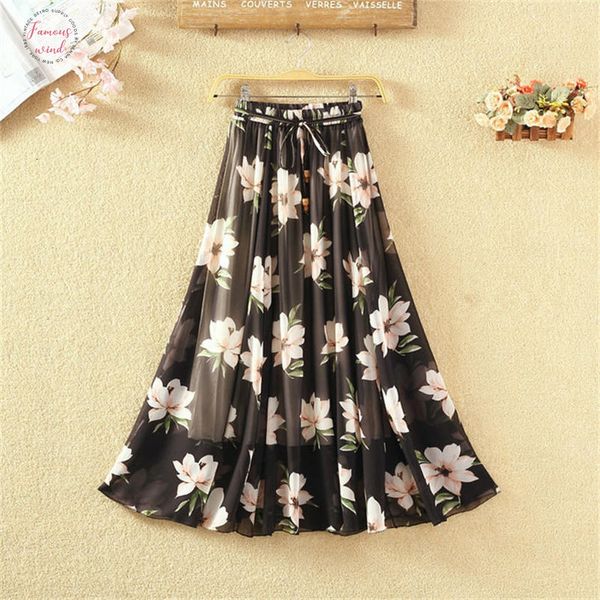 

summer long skirts womens casual saia print chiffon skirt faldas high waist boho party beach maxi skirt jupe femme q1271, Black